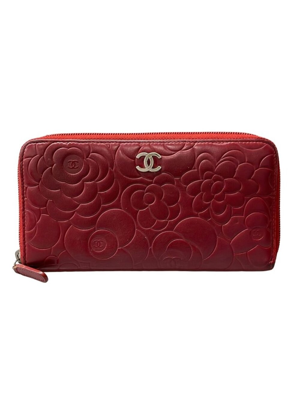 Chanel Wallet Camellia Bordeaux Silver Zip Around Gold Seal Lambskin